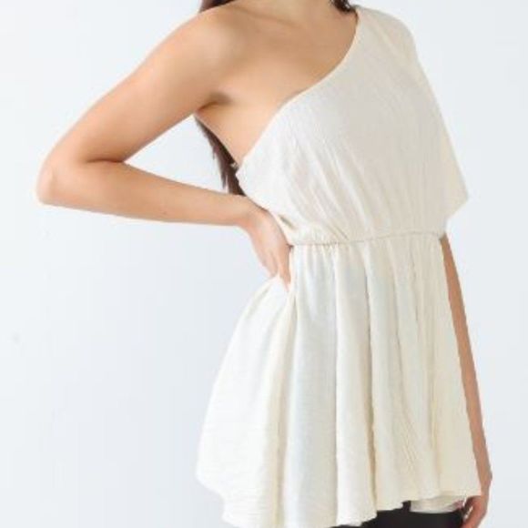 #33 Cream Textured One Shoulder Dolman Sleeve Flare Hem Top - Picture 3 of 5